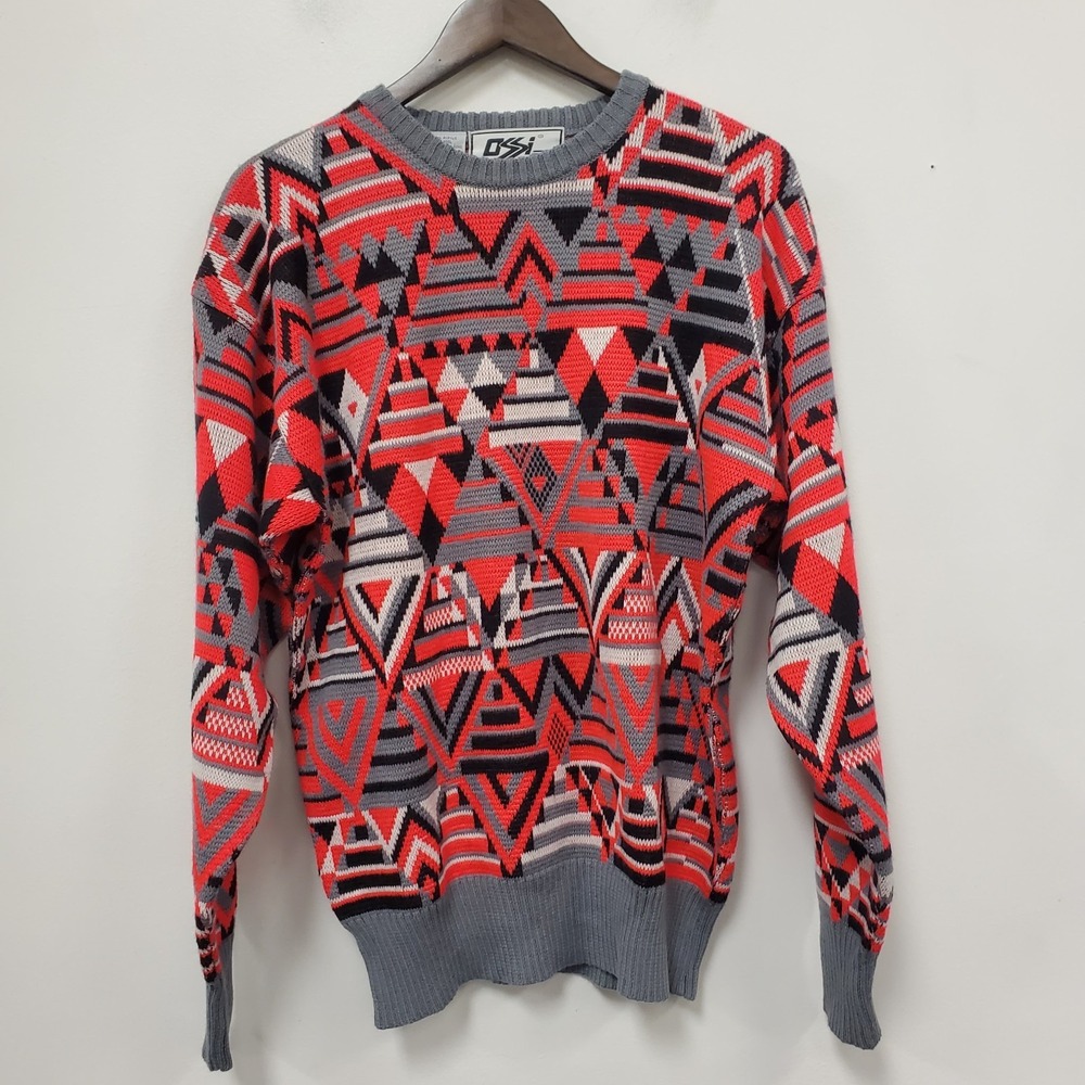 Ossi Skiwear Mens Wool Blend Wacky Tight Knit Sweater Size L Red 80s Apres Ski